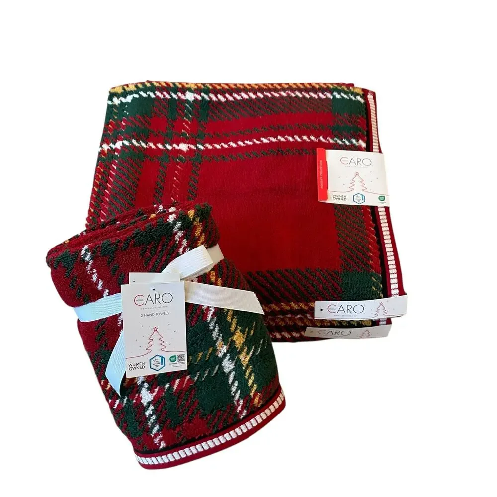 4pc Caro Home Holiday RED TARTAN Cotton 2 Bath 2 Hand Towel Set Christmas NEW